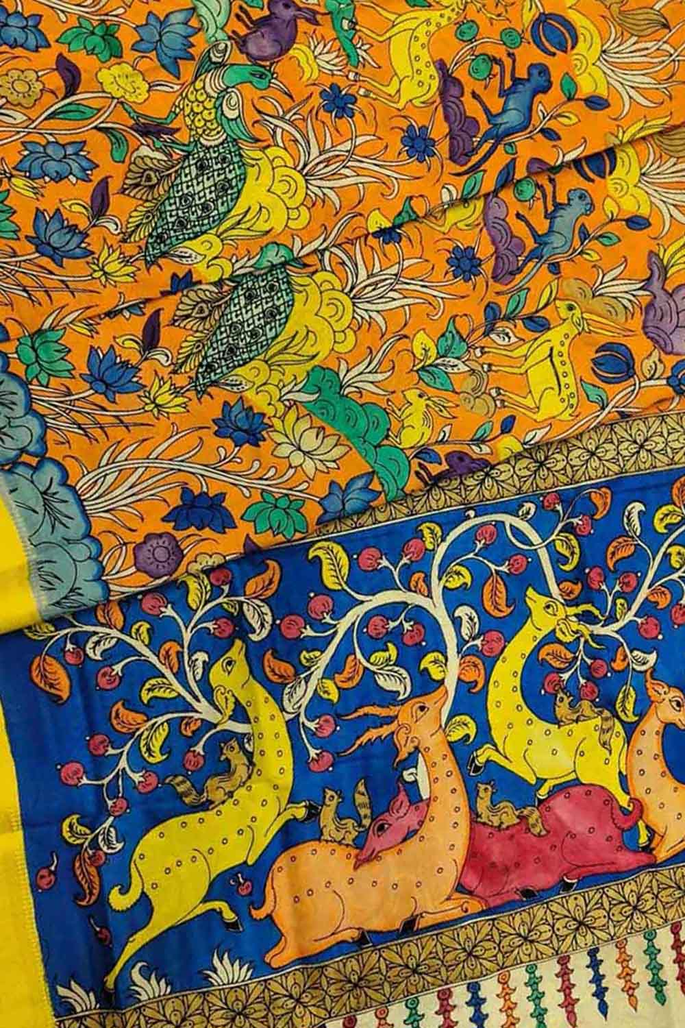 Kalamkari Hand Painted Silk Saree with Multicolor Pen - Luxurion World