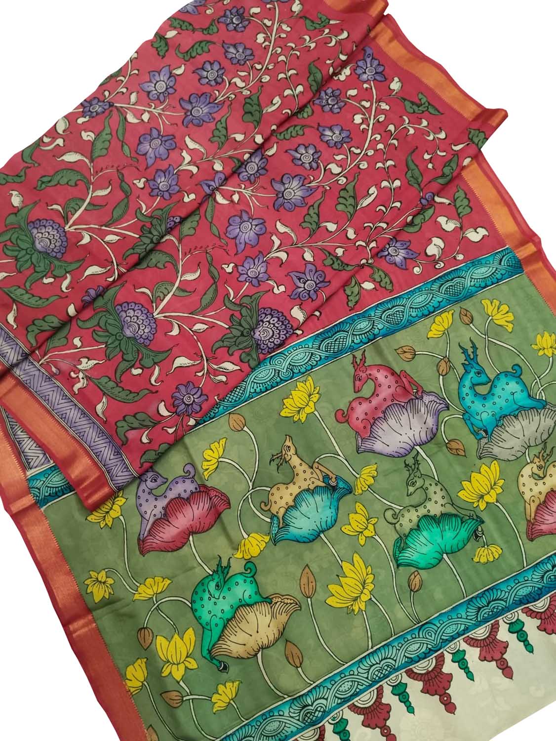 Kalamkari Hand Painted Silk Saree with Multicolor Pen - Luxurion World