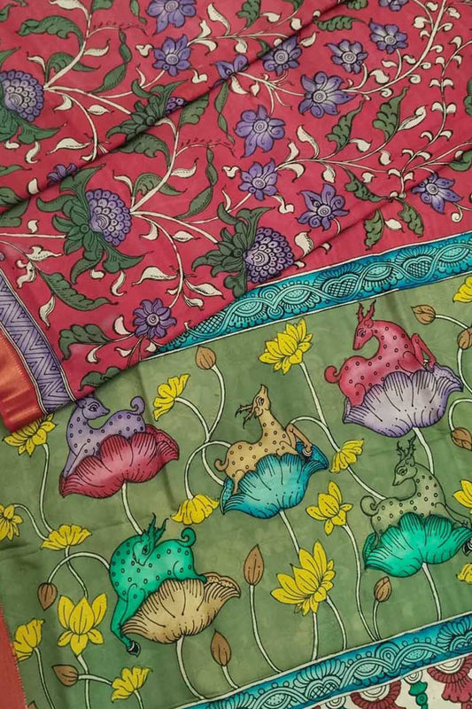 Kalamkari Hand Painted Silk Saree with Multicolor Pen