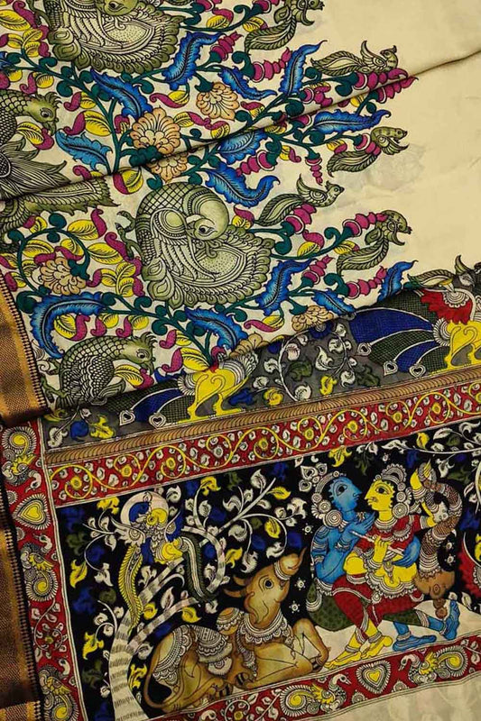 Kalamkari Hand Painted Silk Saree with Multicolor Pen