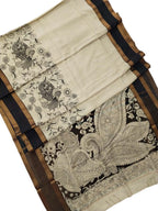 Elegant Black And White Kalamkari Hand Painted Bangalore Silk Saree - Luxurion World