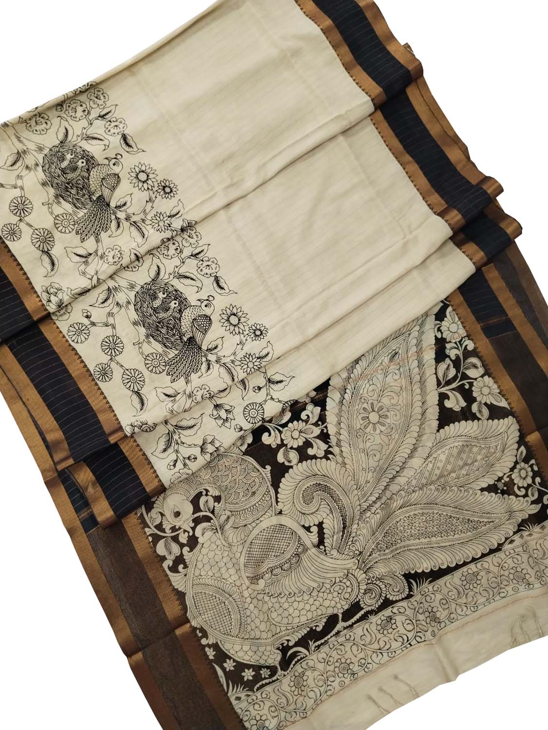 Elegant Black And White Kalamkari Hand Painted Bangalore Silk Saree - Luxurion World