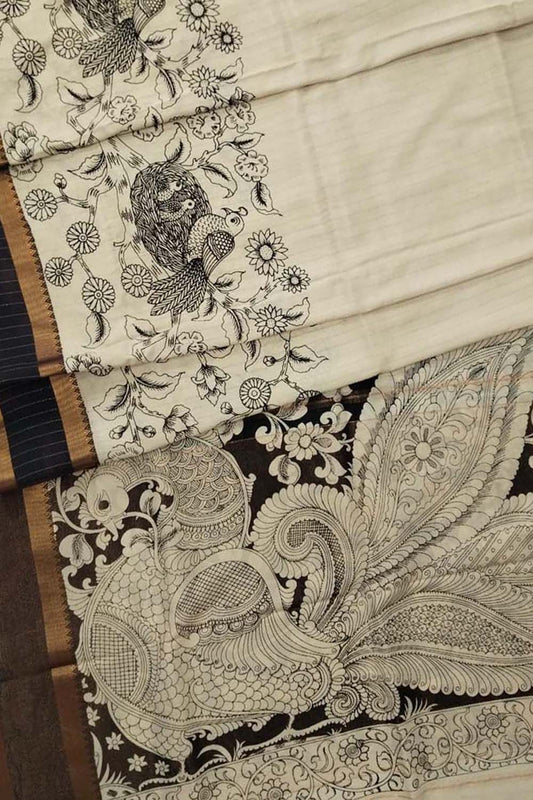 Elegant Black And White Kalamkari Hand Painted Bangalore Silk Saree - Luxurion World