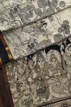 Elegant Black And White Kalamkari Hand Painted Bangalore Silk Saree - Luxurion World