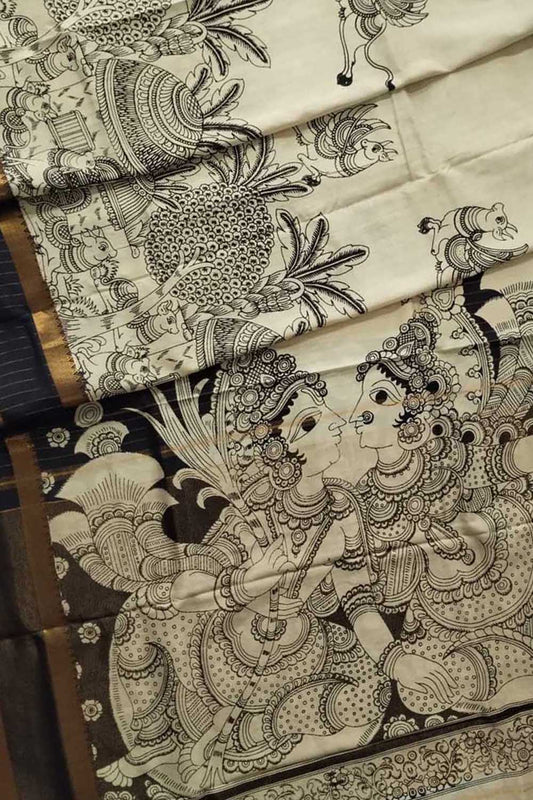 Stunning Black And White Kalamkari Hand Painted Bangalore Silk Saree - Luxurion World