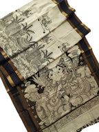 Stunning Black And White Kalamkari Hand Painted Bangalore Silk Saree - Luxurion World