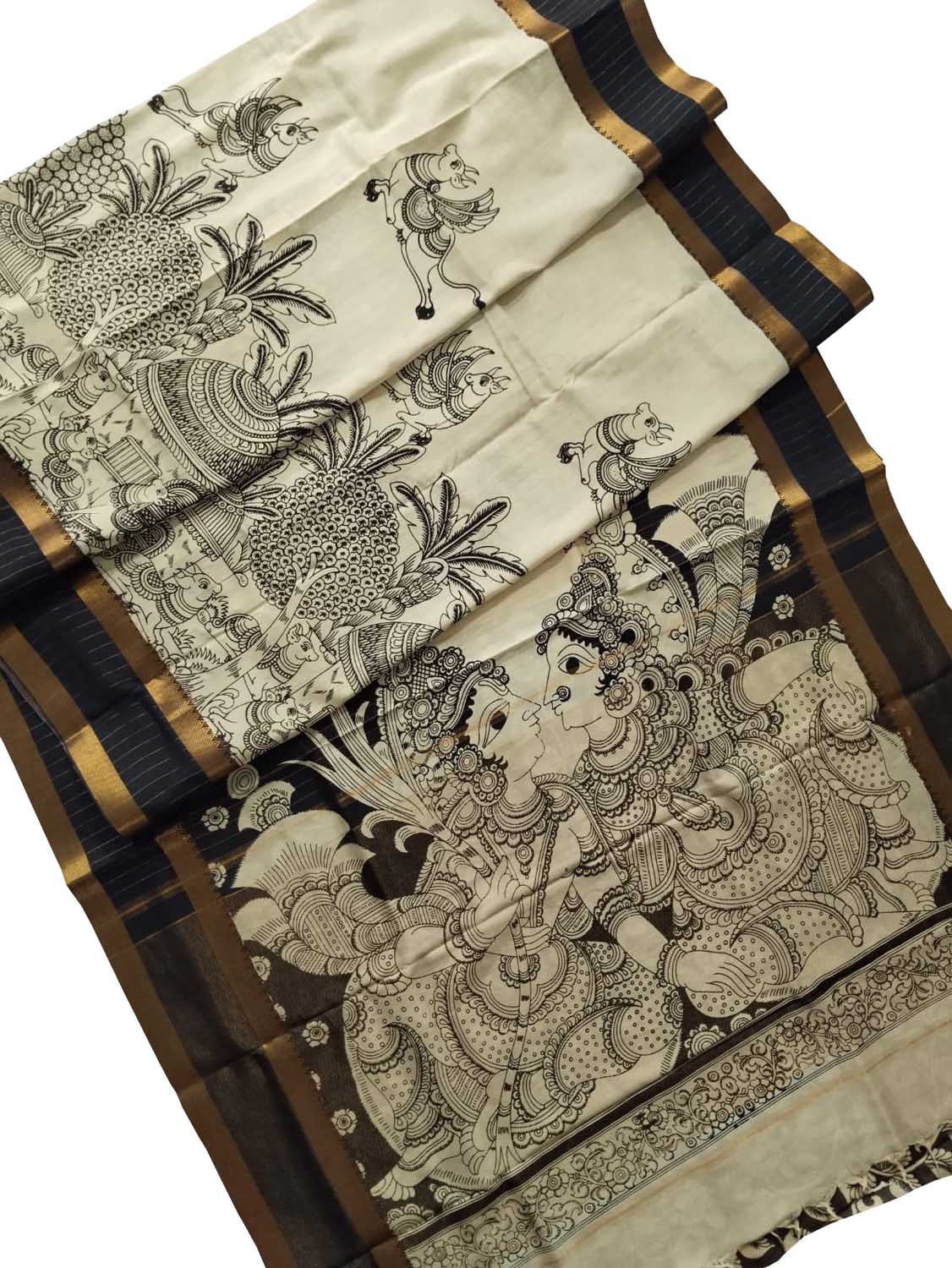 Stunning Black And White Kalamkari Hand Painted Bangalore Silk Saree - Luxurion World