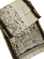 Stunning Black And White Kalamkari Hand Painted Bangalore Silk Saree - Luxurion World