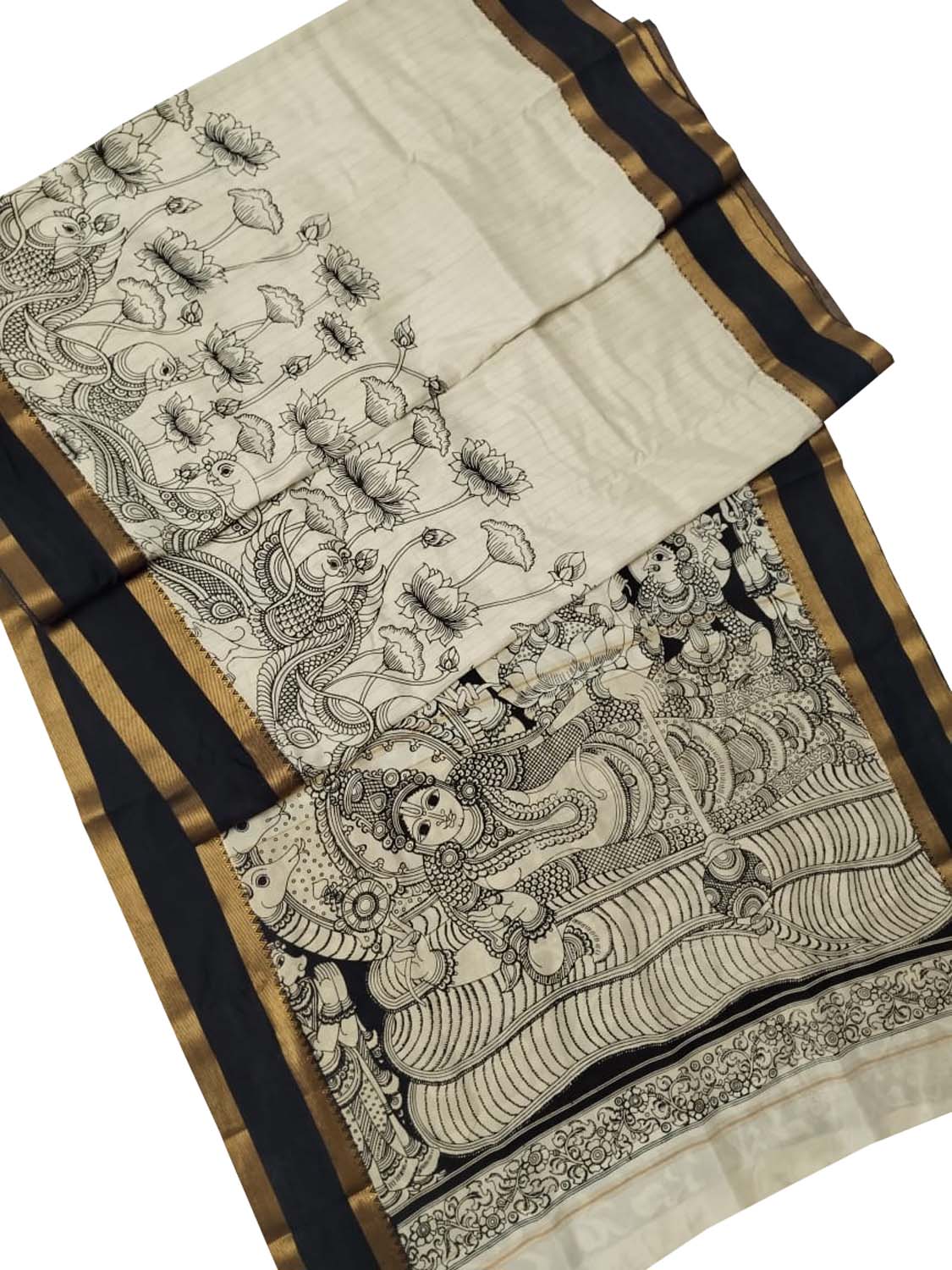 Stunning Black And White Kalamkari Hand Painted Bangalore Silk Saree - Luxurion World