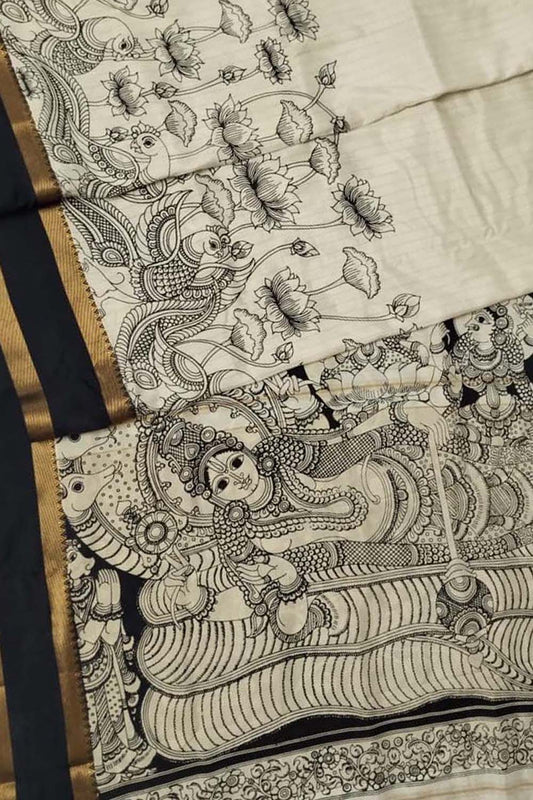Stunning Black And White Kalamkari Hand Painted Bangalore Silk Saree - Luxurion World