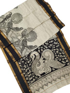 Elegant Black And White Kalamkari Hand Painted Bangalore Silk Saree - Luxurion World