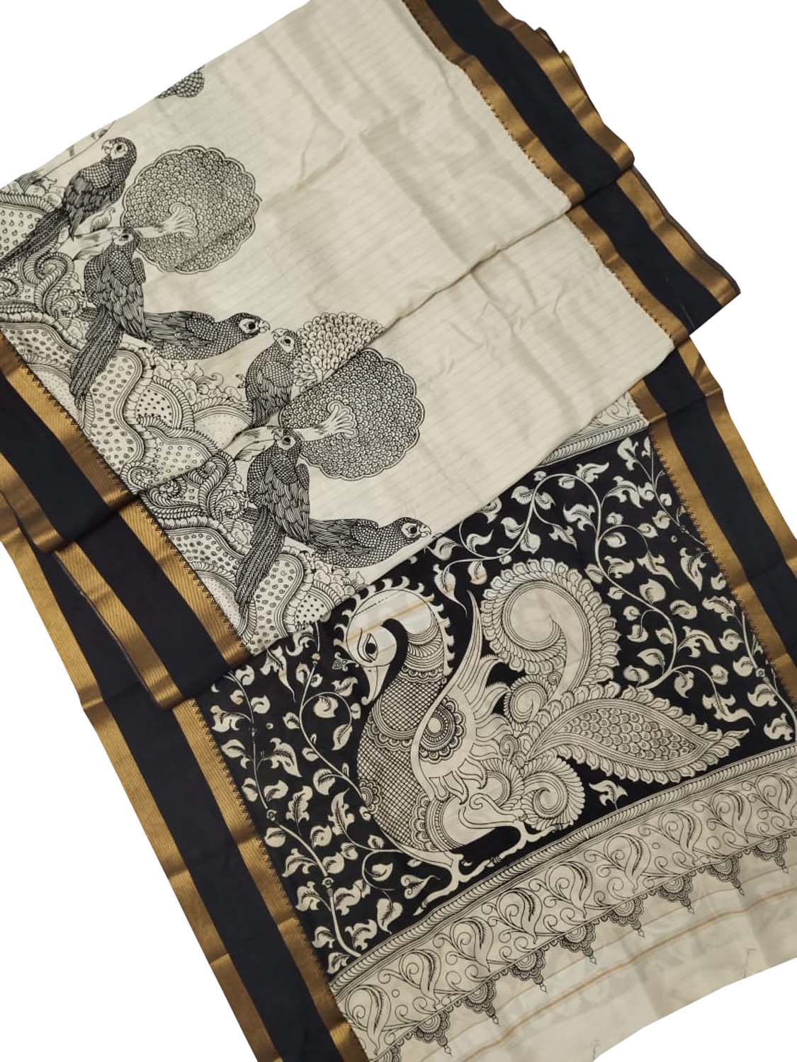 Elegant Black And White Kalamkari Hand Painted Bangalore Silk Saree - Luxurion World