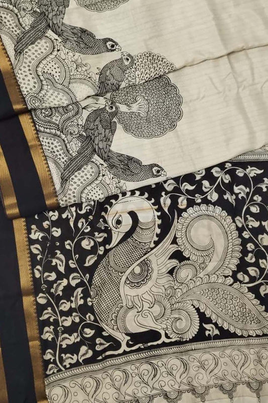 Elegant Black And White Kalamkari Hand Painted Bangalore Silk Saree - Luxurion World