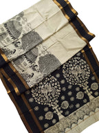 Elegant Black And White Kalamkari Hand Painted Bangalore Silk Saree - Luxurion World