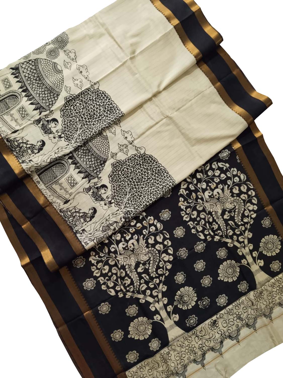 Elegant Black And White Kalamkari Hand Painted Bangalore Silk Saree - Luxurion World