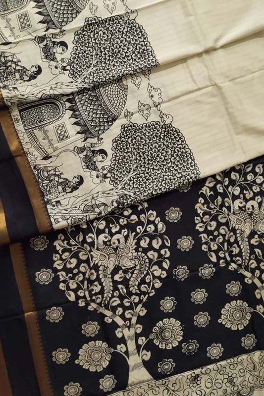 Elegant Black And White Kalamkari Hand Painted Bangalore Silk Saree - Luxurion World
