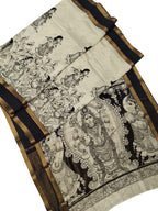 Stunning Black And White Kalamkari Hand Painted Bangalore Silk Saree - Luxurion World