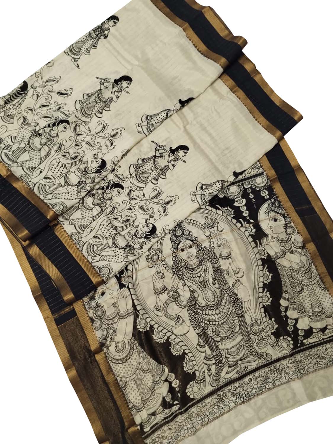 Stunning Black And White Kalamkari Hand Painted Bangalore Silk Saree - Luxurion World