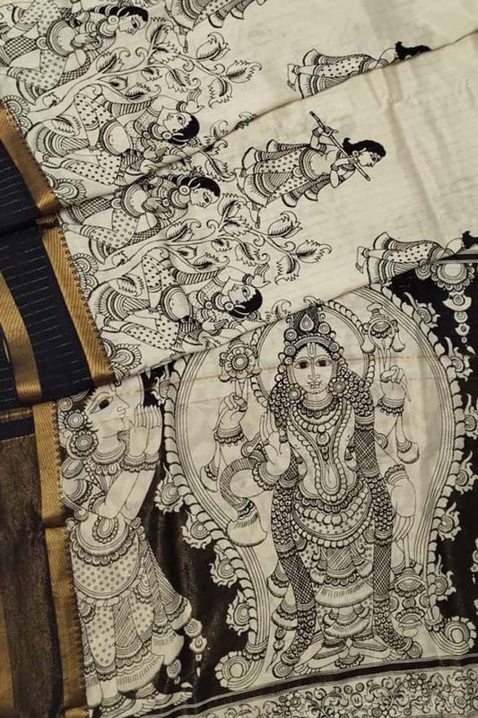 Stunning Black And White Kalamkari Hand Painted Bangalore Silk Saree - Luxurion World