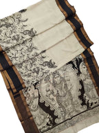 Elegant Black And White Kalamkari Hand Painted Bangalore Silk Saree - Luxurion World