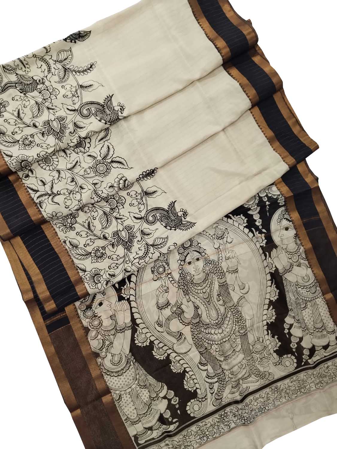 Elegant Black And White Kalamkari Hand Painted Bangalore Silk Saree - Luxurion World