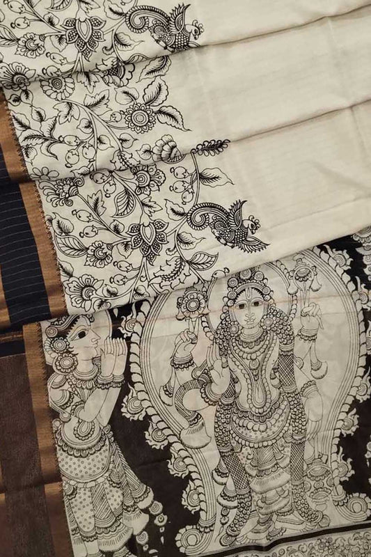 Elegant Black And White Kalamkari Hand Painted Bangalore Silk Saree - Luxurion World