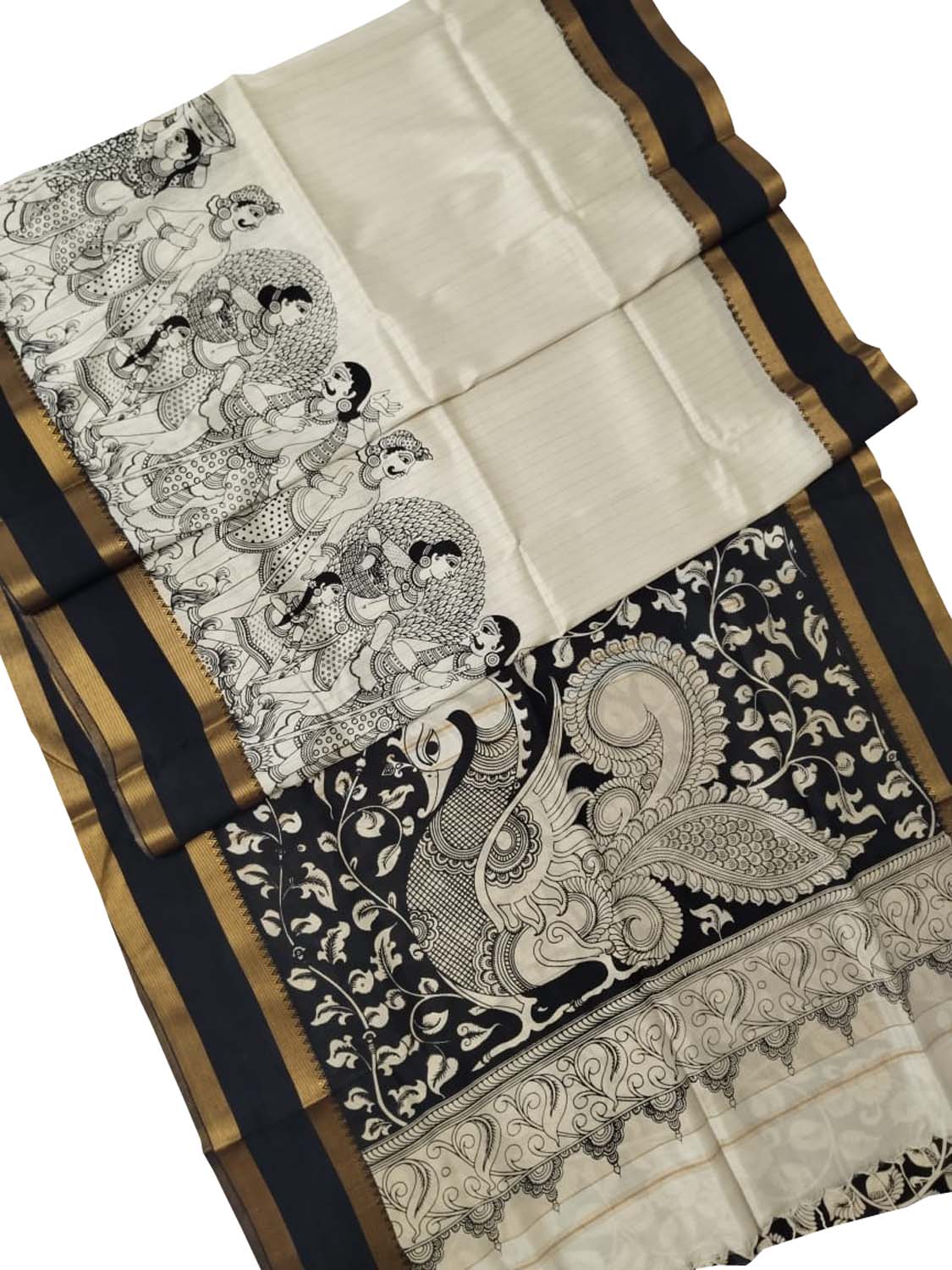 Stunning Black And White Kalamkari Hand Painted Bangalore Silk Saree - Luxurion World