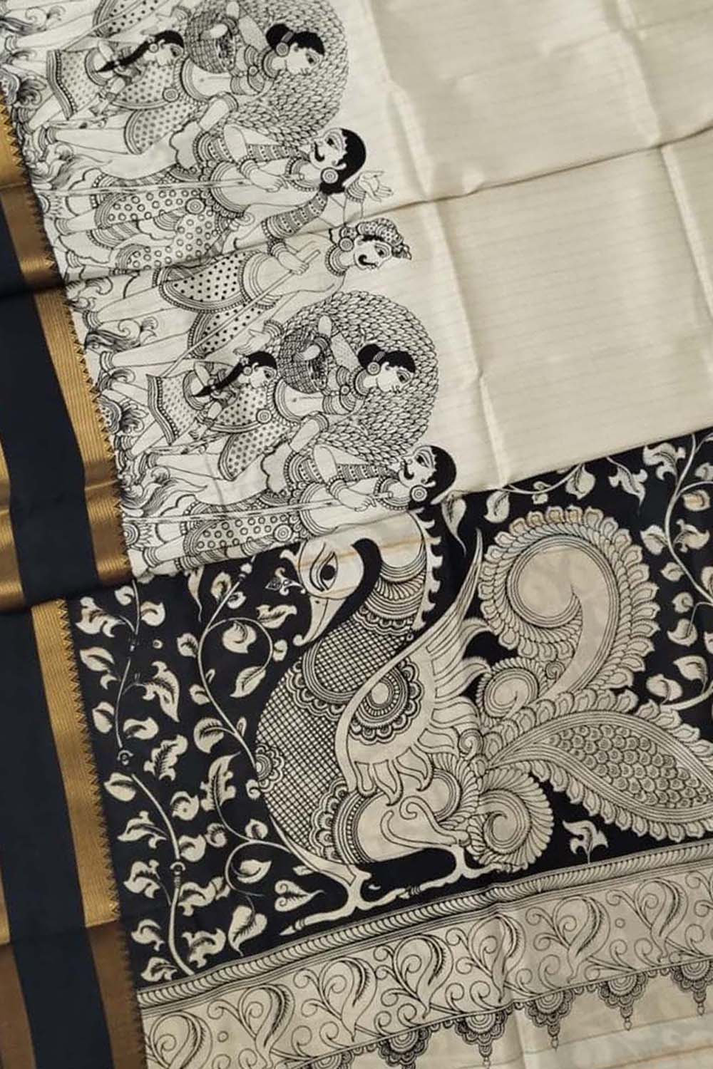 Stunning Black And White Kalamkari Hand Painted Bangalore Silk Saree - Luxurion World