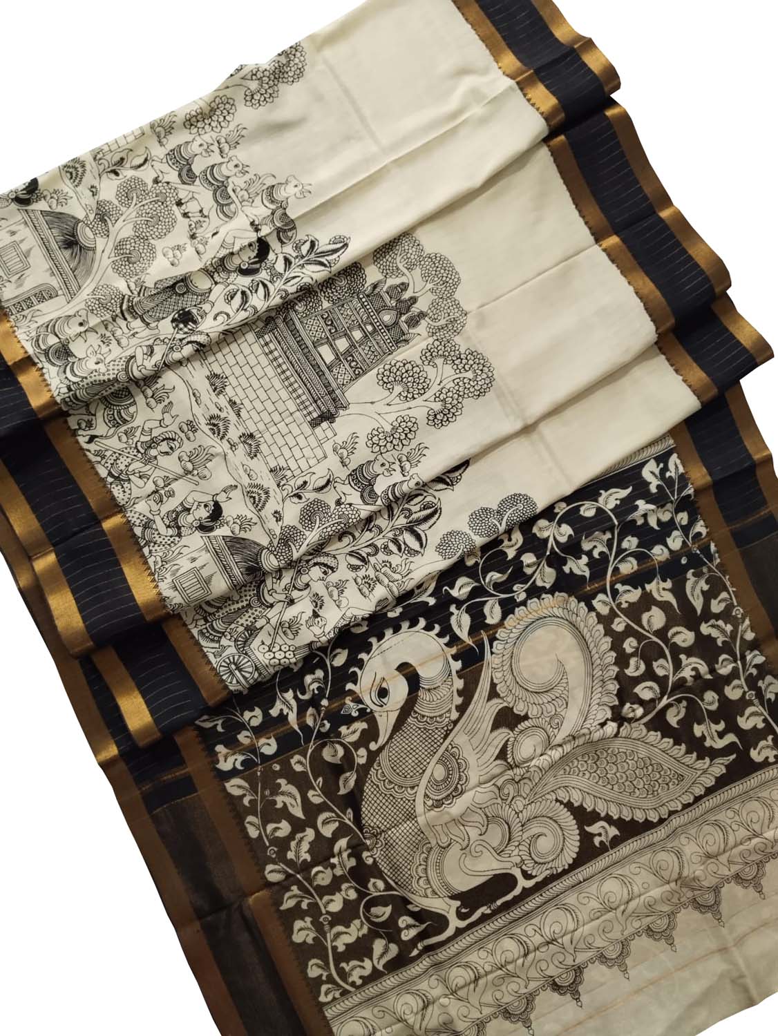 Elegant Black And White Kalamkari Hand Painted Bangalore Silk Saree - Luxurion World