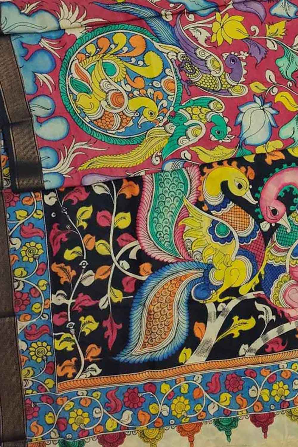 Multicolor Kalamkari Hand Painted Pure Bangalore Silk Saree - Luxurion World