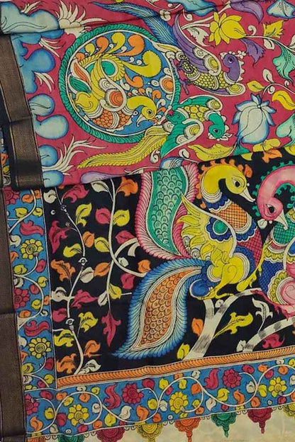 Multicolor Kalamkari Hand Painted Pure Bangalore Silk Saree - Luxurion World