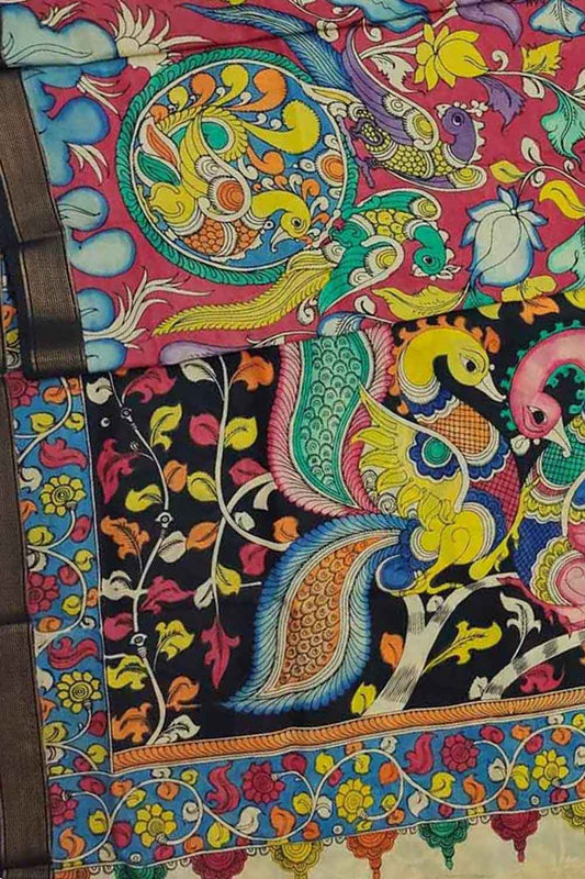 Multicolor Kalamkari Hand Painted Pure Bangalore Silk Saree - Luxurion World