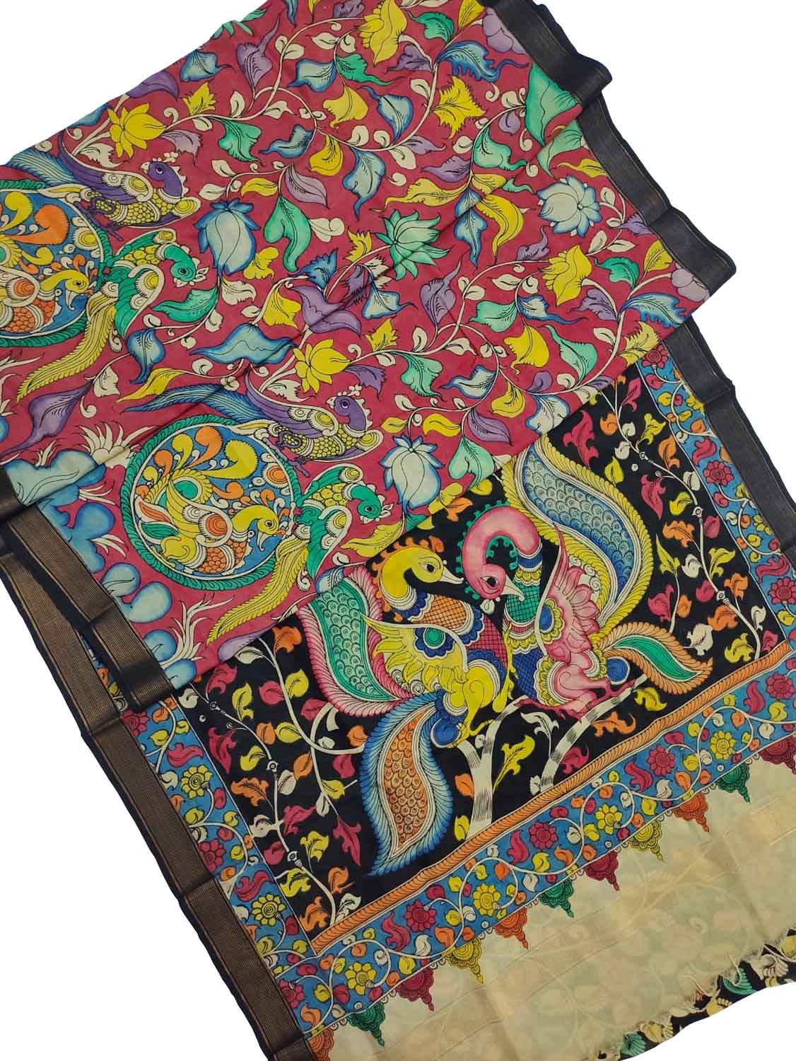 Multicolor Kalamkari Hand Painted Pure Bangalore Silk Saree - Luxurion World