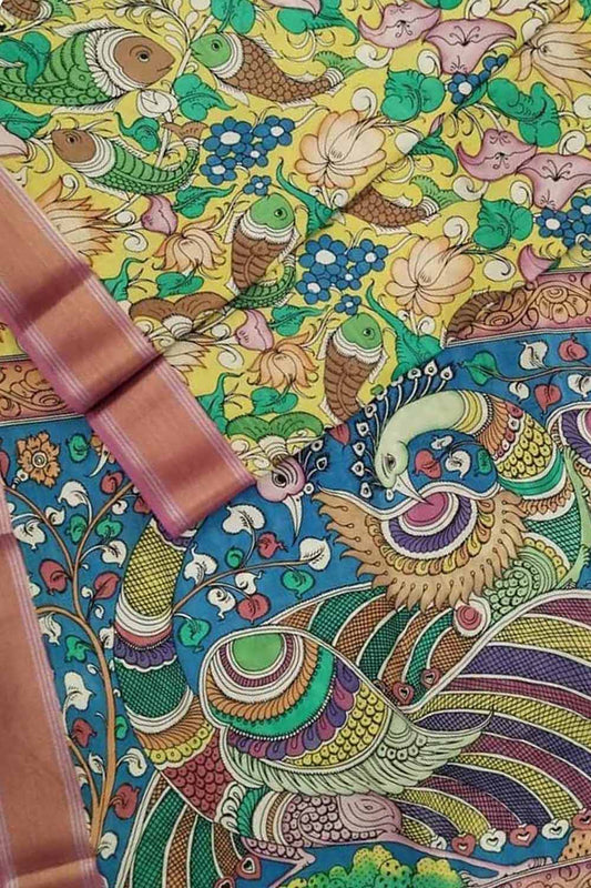 Multicolor Kalamkari Hand Painted Pure Bangalore Silk Saree - Luxurion World