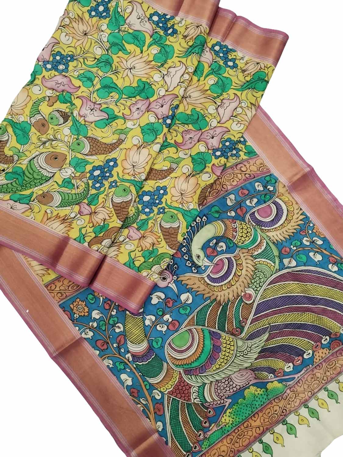 Multicolor Kalamkari Hand Painted Pure Bangalore Silk Saree - Luxurion World