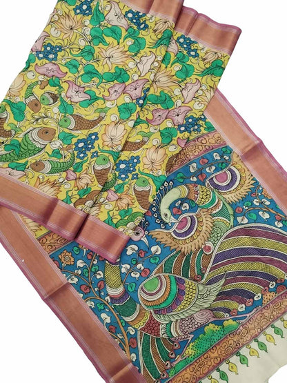 Multicolor Kalamkari Hand Painted Pure Bangalore Silk Saree - Luxurion World