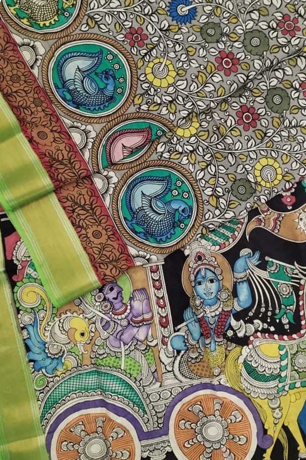 Multicolor Kalamkari Hand Painted Pure Bangalore Silk Saree - Luxurion World