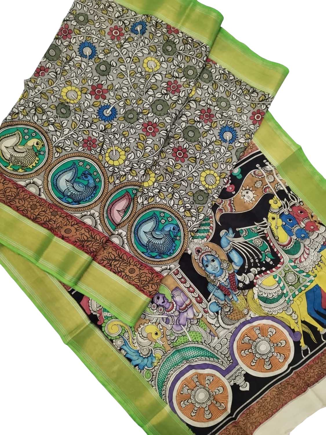 Multicolor Kalamkari Hand Painted Pure Bangalore Silk Saree - Luxurion World