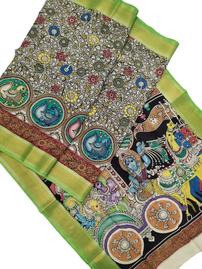 Multicolor Kalamkari Hand Painted Pure Bangalore Silk Saree - Luxurion World