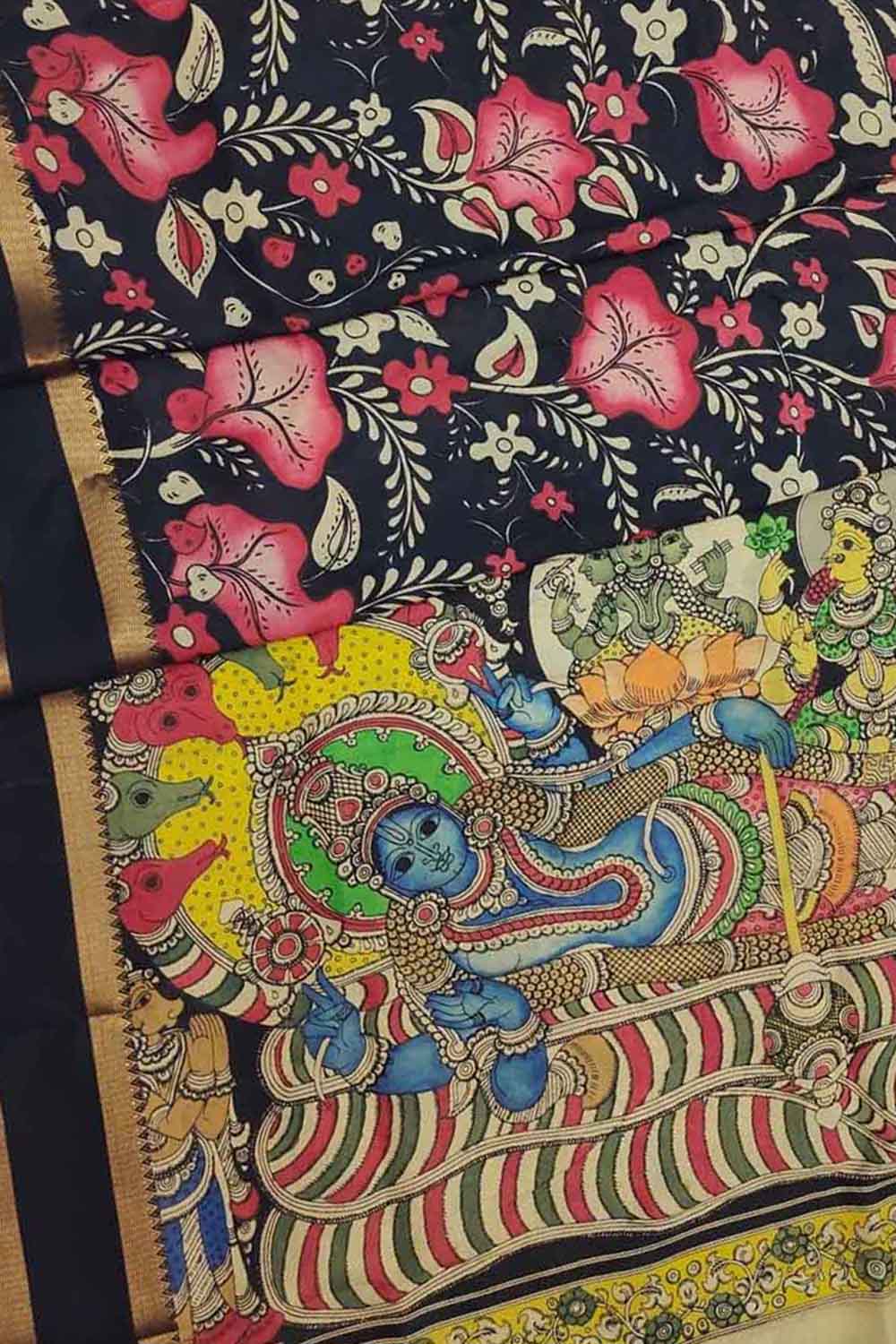 Multicolor Kalamkari Hand Painted Pure Bangalore Silk Saree - Luxurion World