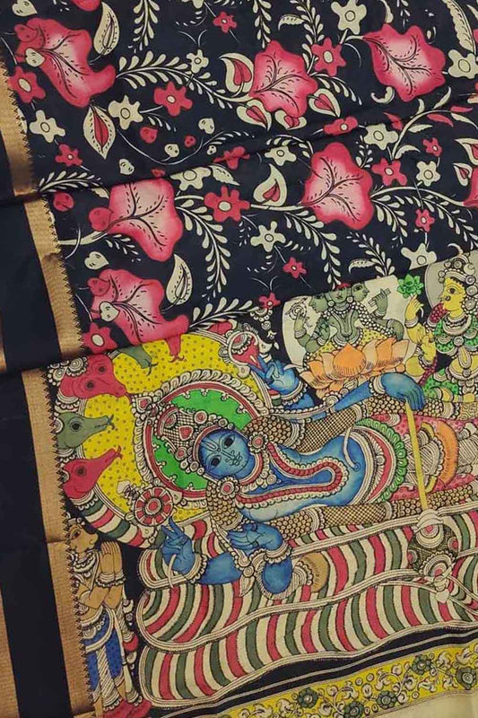 Multicolor Kalamkari Hand Painted Pure Bangalore Silk Saree - Luxurion World