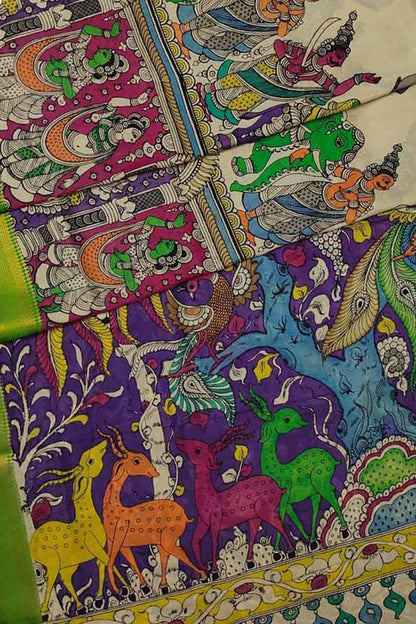 Multicolor Kalamkari Hand Painted Pure Bangalore Silk Saree - Luxurion World