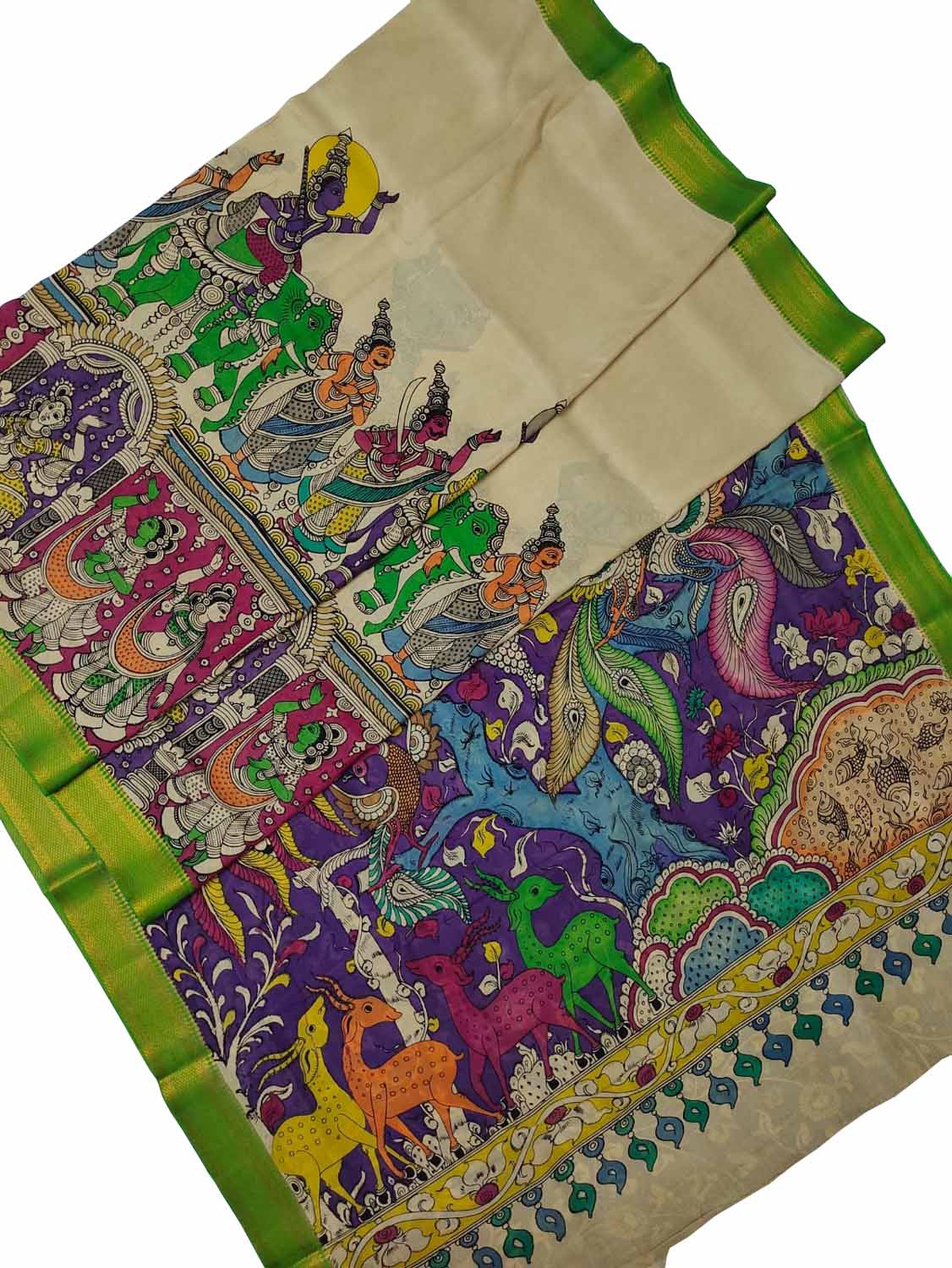 Multicolor Kalamkari Hand Painted Pure Bangalore Silk Saree - Luxurion World