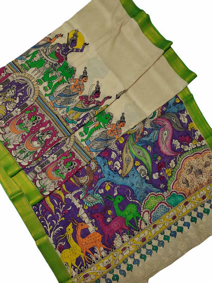 Multicolor Kalamkari Hand Painted Pure Bangalore Silk Saree - Luxurion World