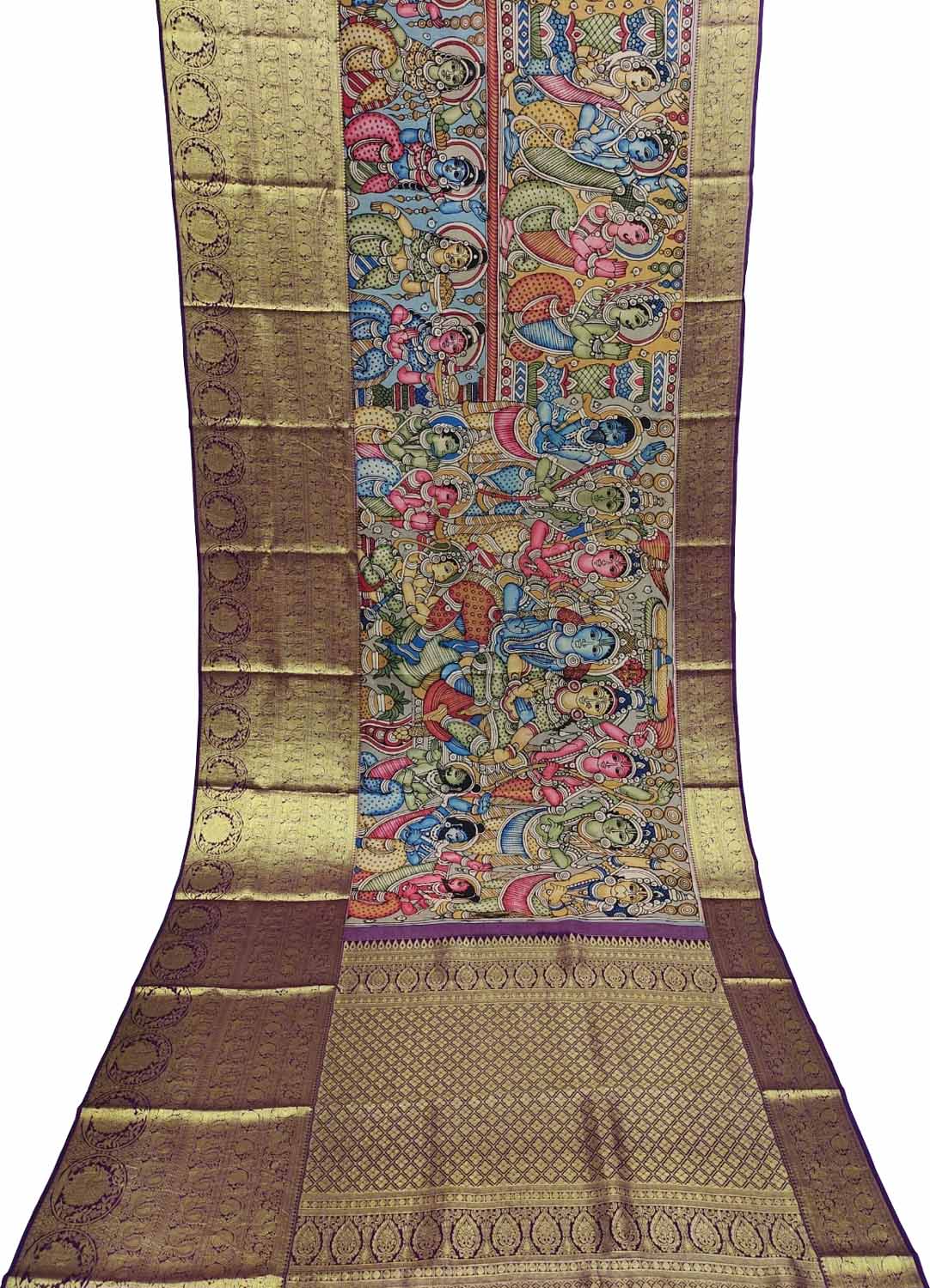 Kalamkari Multicolor Pen Saree with Kanjeevaram Border - Luxurion World