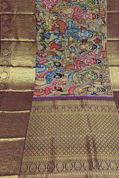 Kalamkari Multicolor Pen Saree with Kanjeevaram Border - Luxurion World