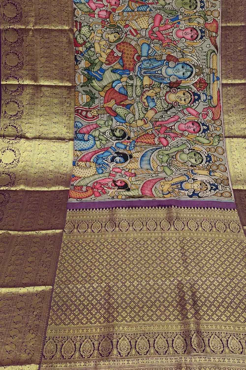 Kalamkari Multicolor Pen Saree with Kanjeevaram Border - Luxurion World