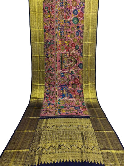 Kalamkari Multicolor Pen Saree with Kanjeevaram Border - Luxurion World