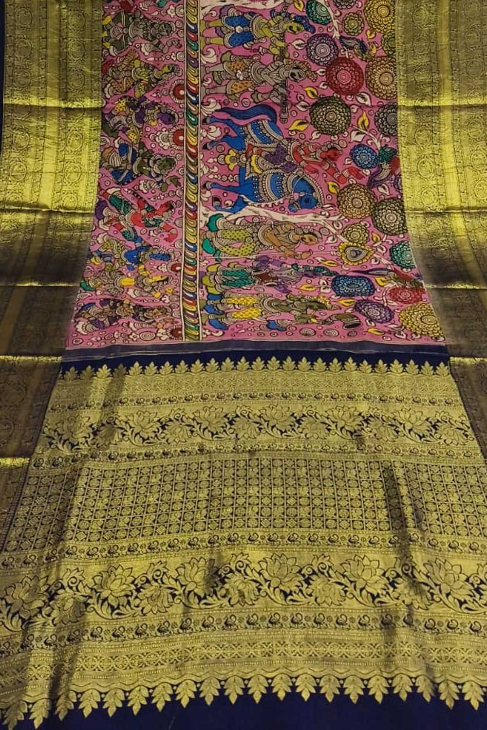 Kalamkari Multicolor Pen Saree with Kanjeevaram Border - Luxurion World