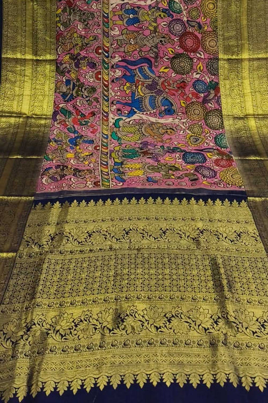Kalamkari Multicolor Pen Saree with Kanjeevaram Border - Luxurion World